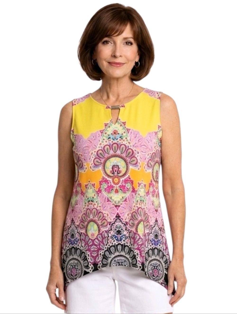 Sunny Leigh Bright Multi Color Keyhole Sleeveless Handkerchief Hem Tunic Top M